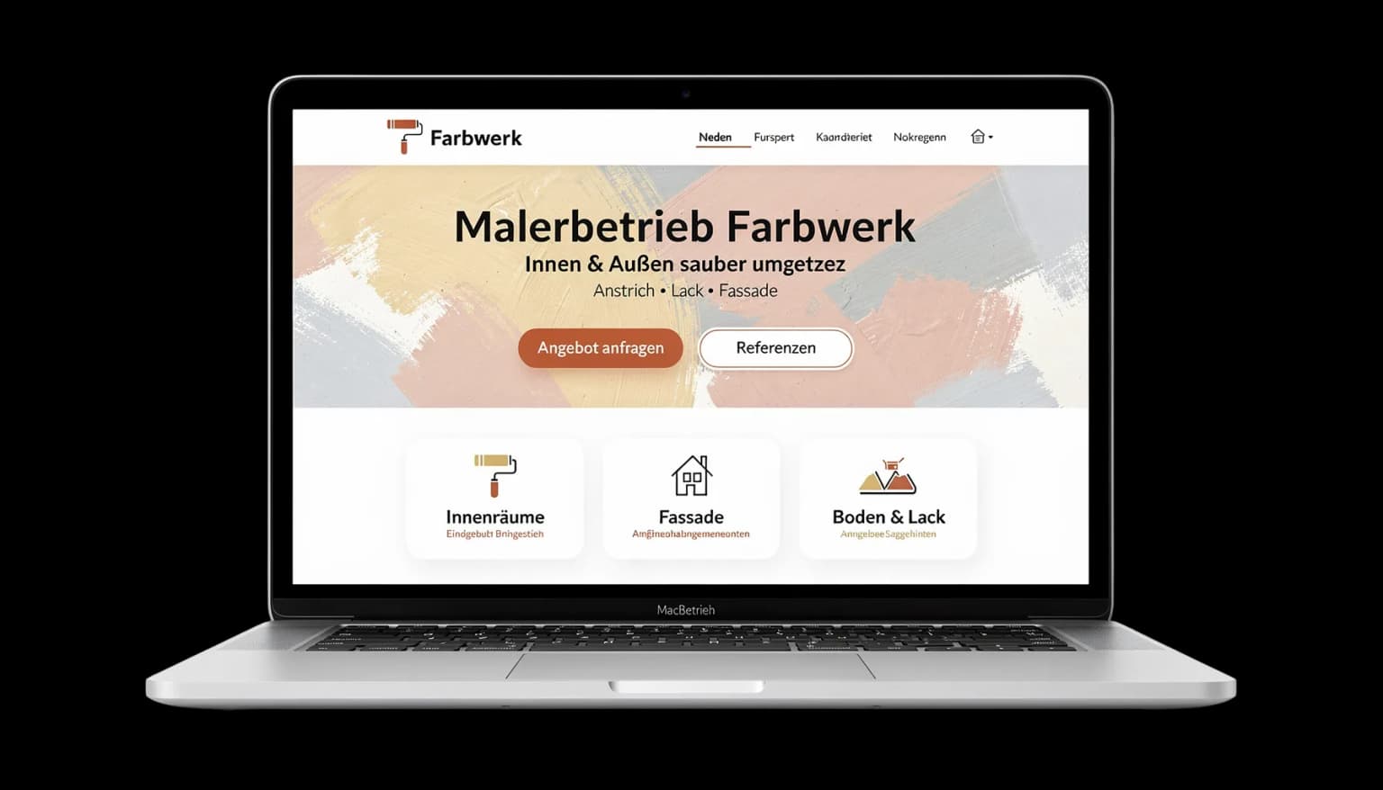 MacBook-Laptop-Mockup mit fiktiver deutscher Website für einen Malerbetrieb (Farbwerk) auf hellem Hintergrund.
